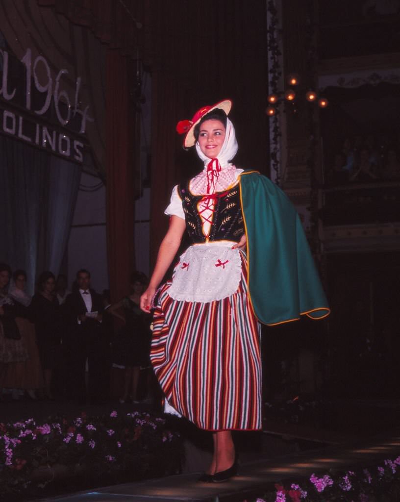 A model wearing a traditional outfit of Santa Cruz de Tenerife, Canary Islands, Spain, 1965.
