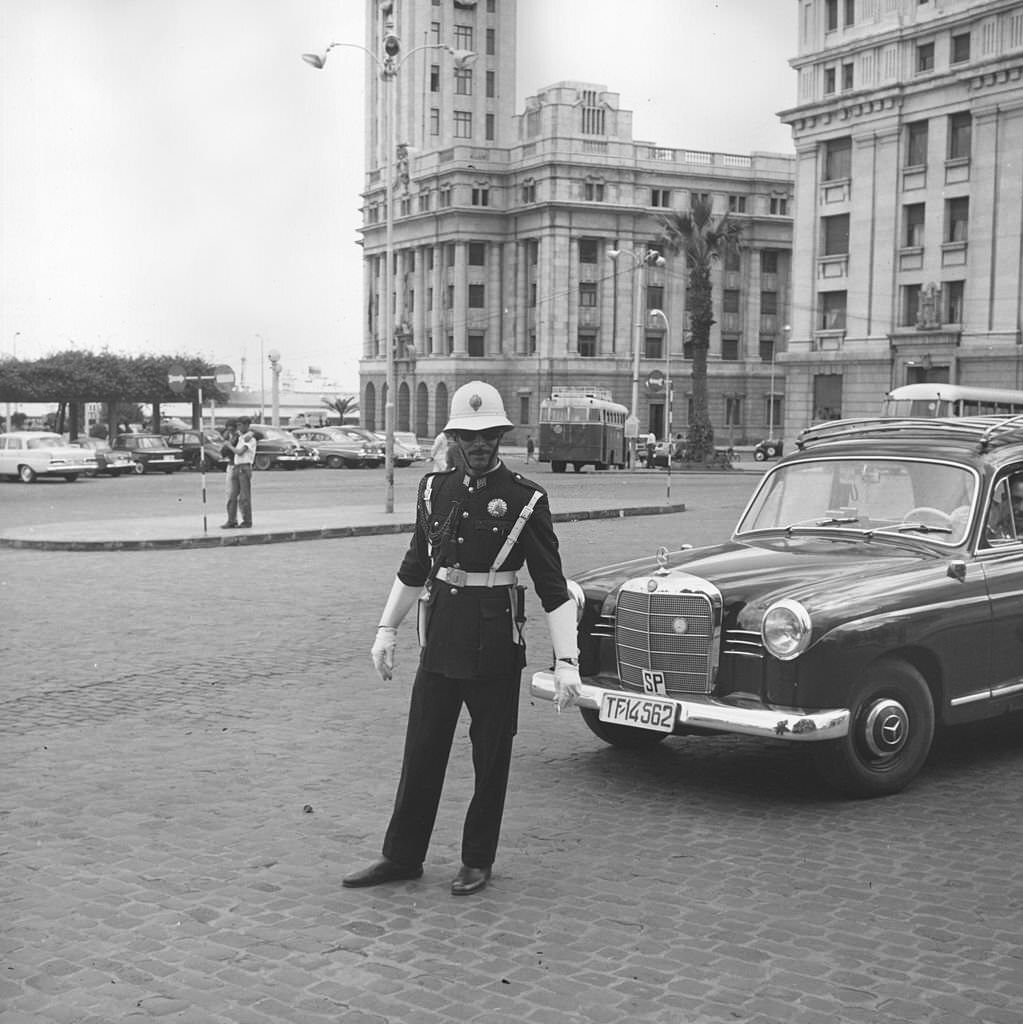 A policeman on duty in Santa Cruz at Tenerife, in the Canary Islands, 1962