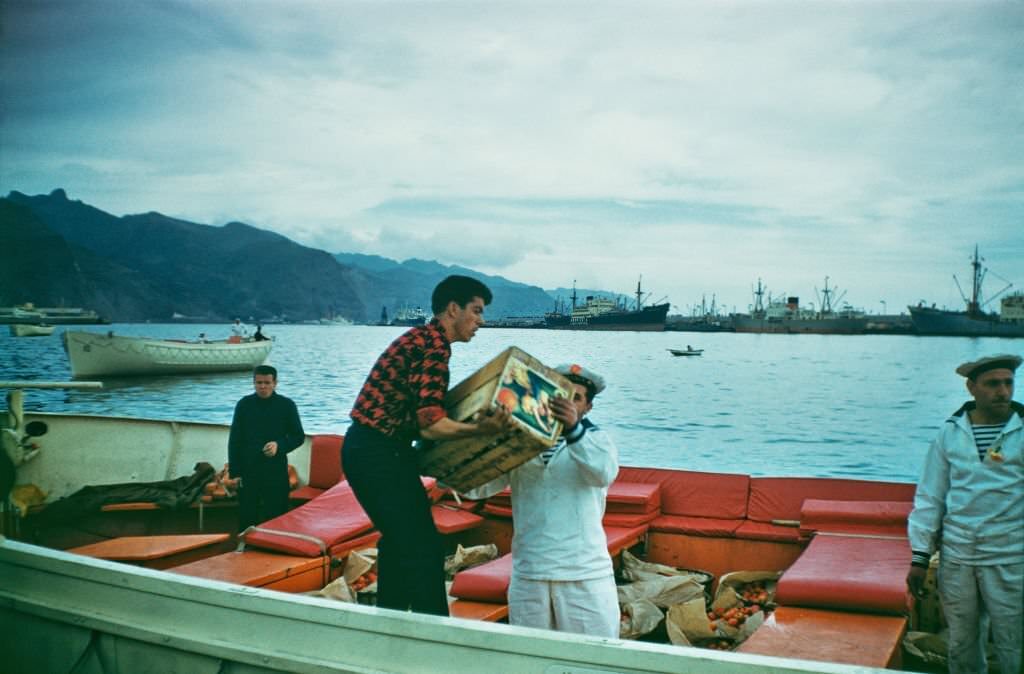 Sailors loading fruit onto a boat at Santa Cruz de Tenerife, Tenerife, Canary Islands, Spain, 1962.