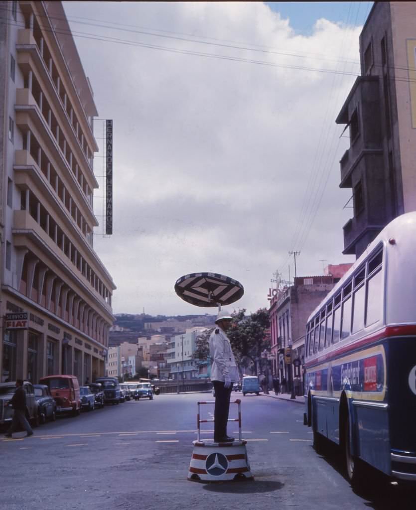 View of a traffic police officer in Santa Cruz de Tenerife, Canary Islands, Spain, 1965.