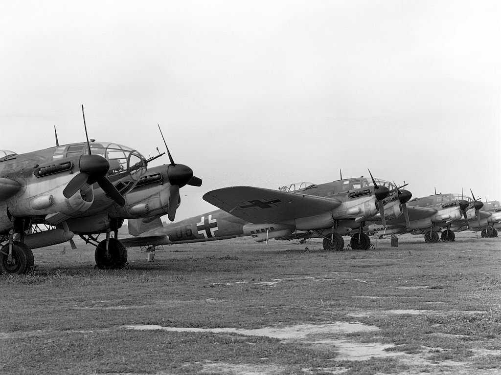 CASA 2.111 bombers, in Luftwaffe livery, ready for location filming on 'Battle Of Britain', directed by Guy Hamilton, Seville, Spain, 1968.