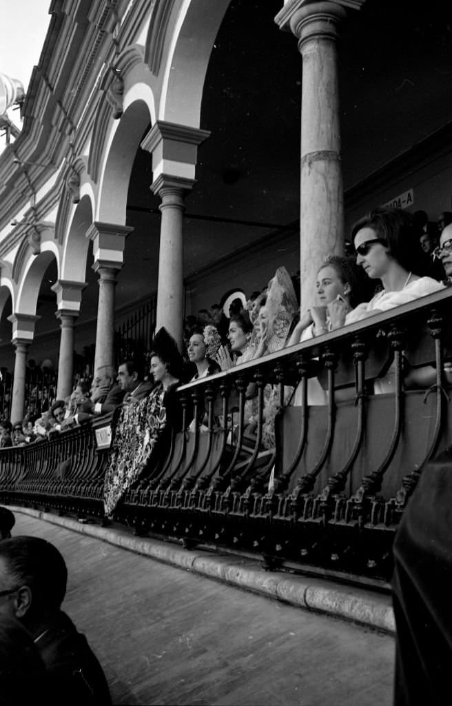 Jacqueline Kennedy Onassis and Cayetana Fitz-james Stuart at the Bulls to attend a bullfight during Seville's celebration of the April Fair