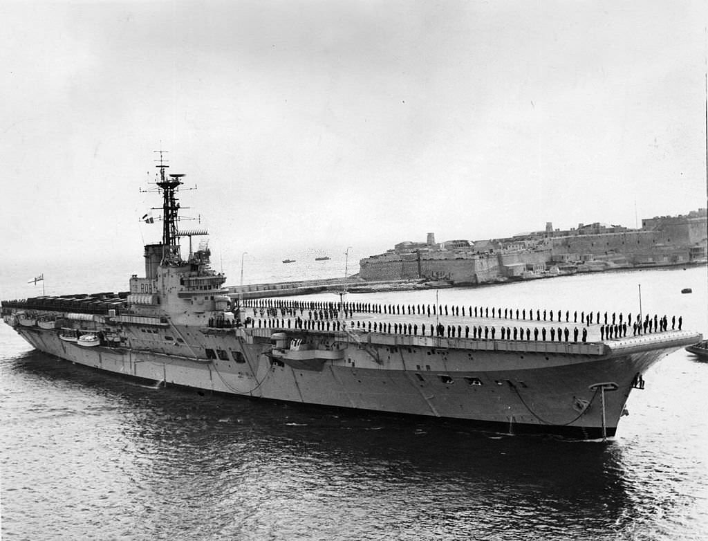 HMS Bulwark, Britain's first commando carrier, entering the Grand Harbour, Malta, carrying 42 Royal Marine Commandos.