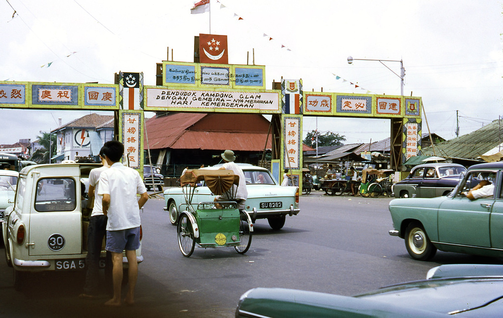 Welcome gate in front of a market in Singapore in 1966.