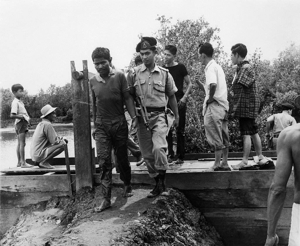 A group of Indonesians being led away for interrogation by the police after their capture on Singapore Island, 1964