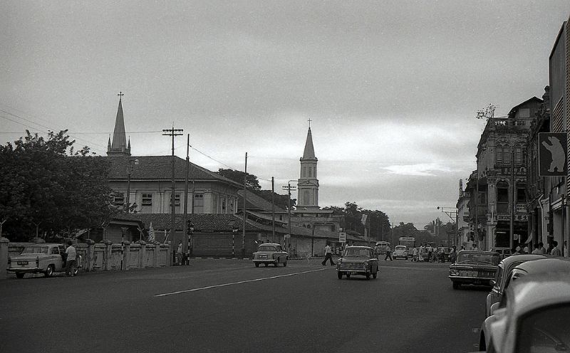 Bras Basah Road; steeple and building on the left is the town convent, 1960s