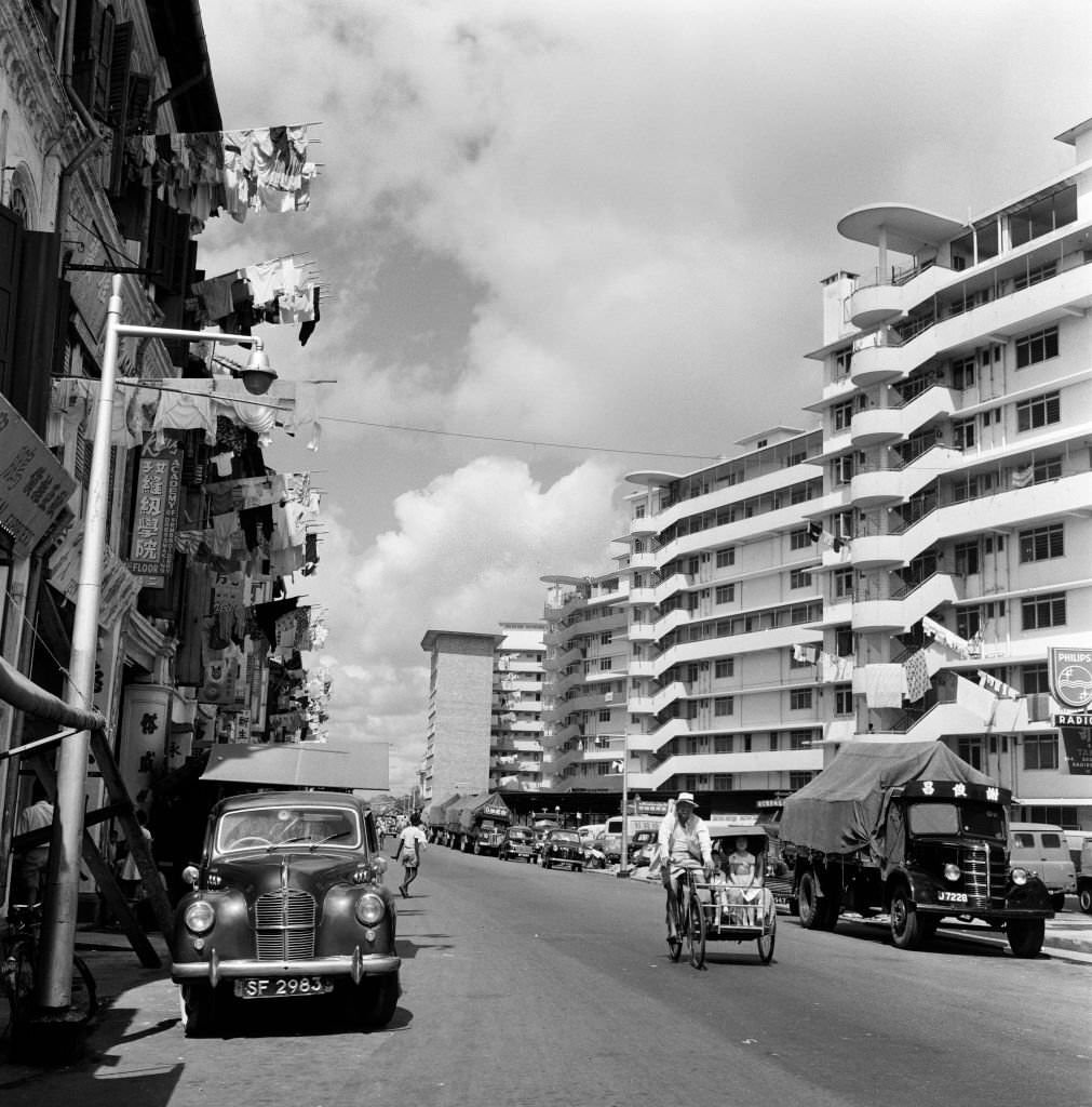 Scenes in Chinatown, Singapore, Upper Hokien Street, where old meets new, 1962