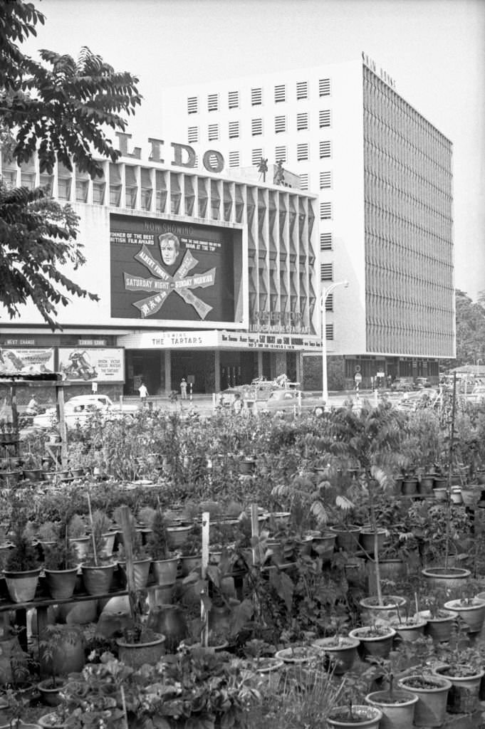 Vases of plants and flowers outside the cinema Lido, Singapore, 1962