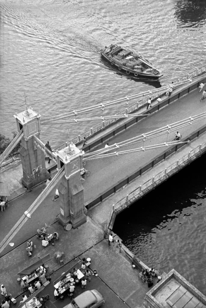 Aerial view of the bridge across the river Singapore, 1962