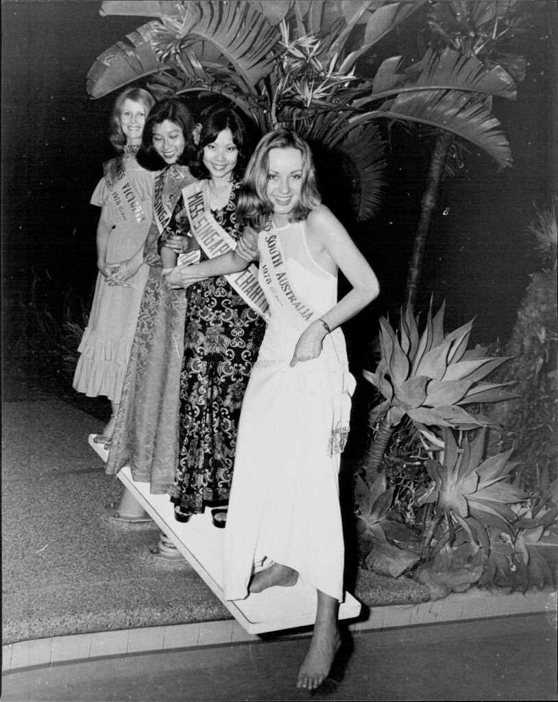 Left to right) Miss Victoria, Gloria Krope, Miss Singapore Charity Princess, Rugayah Dalair, Miss Singapore Charity Queen, Florence Leong, and Miss South Australia, in Singapore, 1977