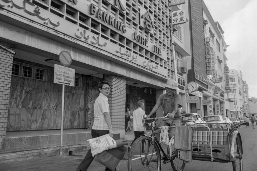 Cycle taxi on a street in Singapore, July 1974.