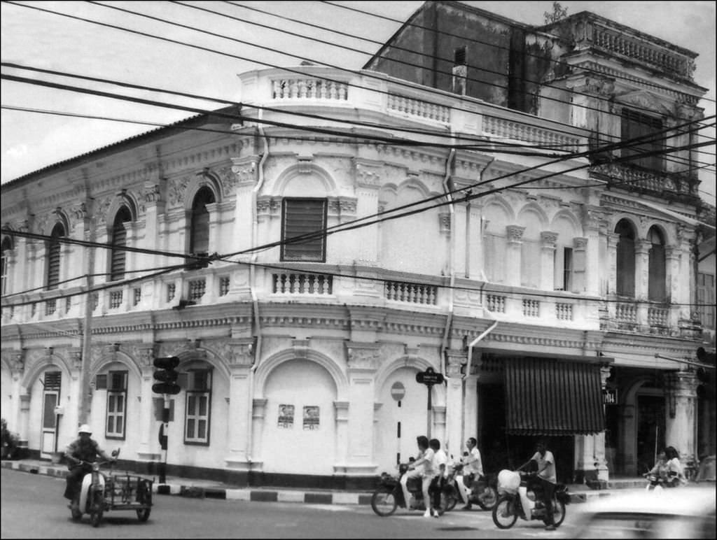 Street scene with Sino-Portuguese shophouses in Phuket,1970s