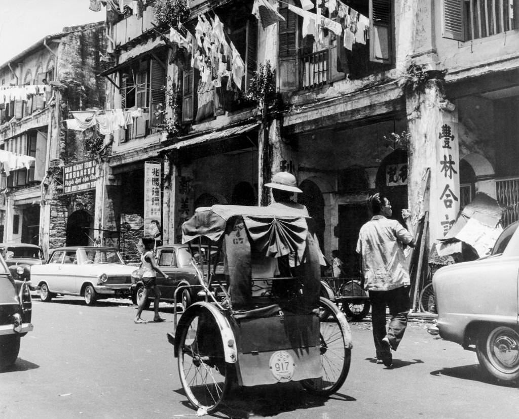 Tuk-tuk on the street in Singapore, 1970s