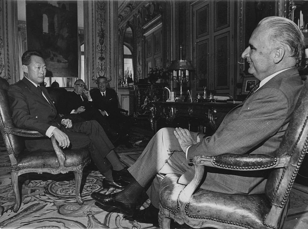 President Georges Pompidou of France (right) and Prime Minister Lee Kuan Yew of Singapore, sitting together during a meeting at the Elysee, 1970
