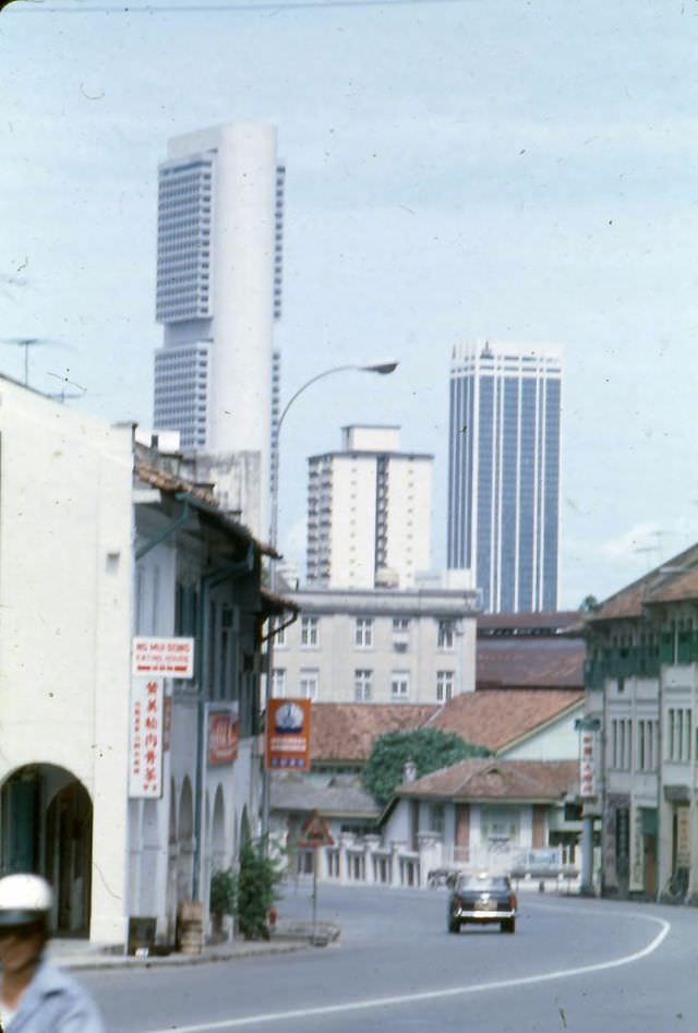 River Valley Road. The tallest building on the left is the OCBC Building completed in the mid-1970s, Singapore, 1978