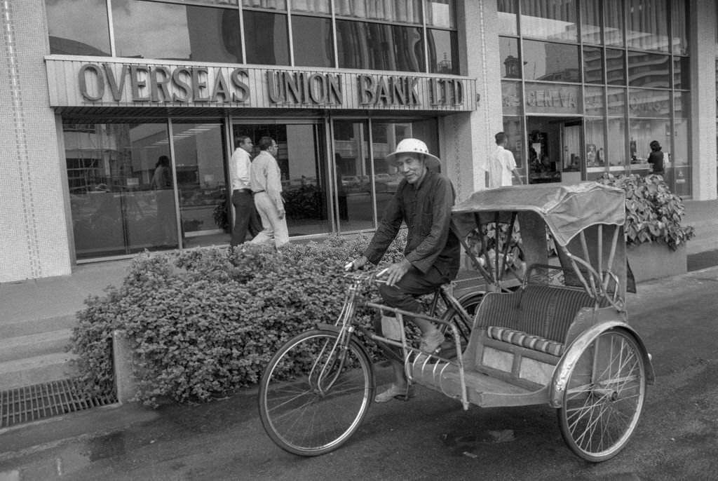 Cycle taxi on a street in Singapore, July 1974.