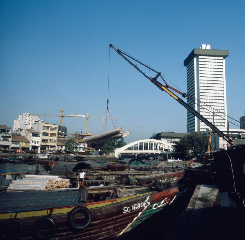 The skyline at the harbour of Singapore River, Singapore 1980s.