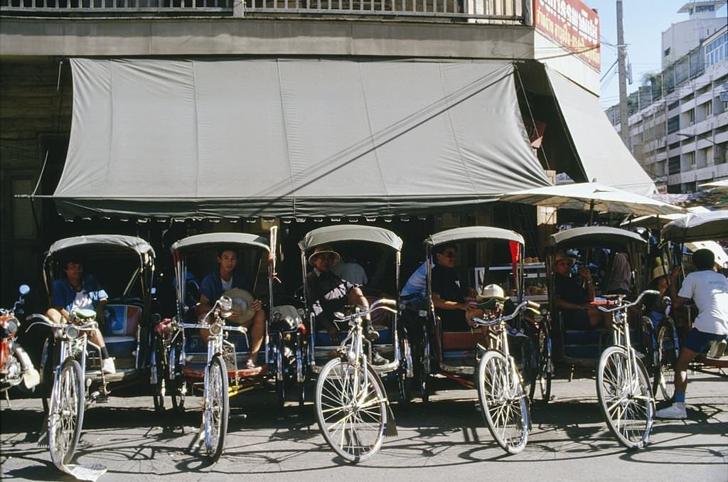 A bicycle rickshaw stand in Singapore, 1985.