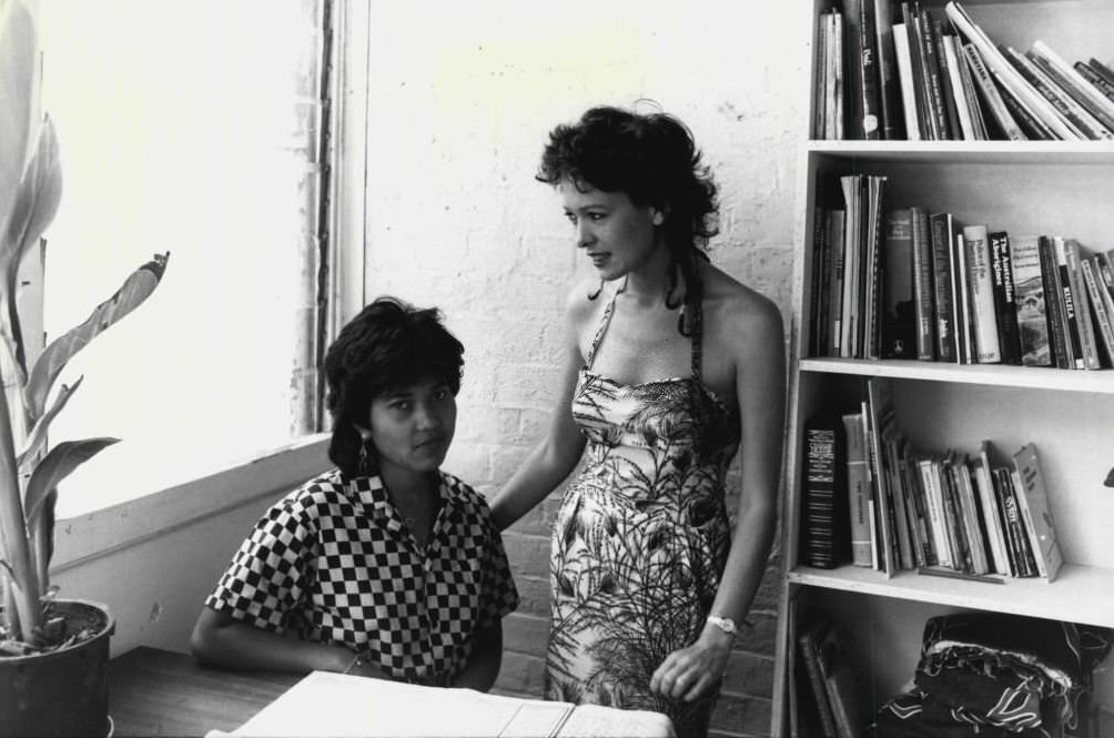 Lily Rahiu and overseas uni student from Singapore with her flat mates Peter Miggitt and Vanessa Forrest, 1984.