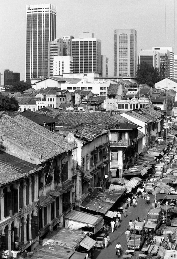 Looking down Smith St towards the Central Business District, Singapore, 1983