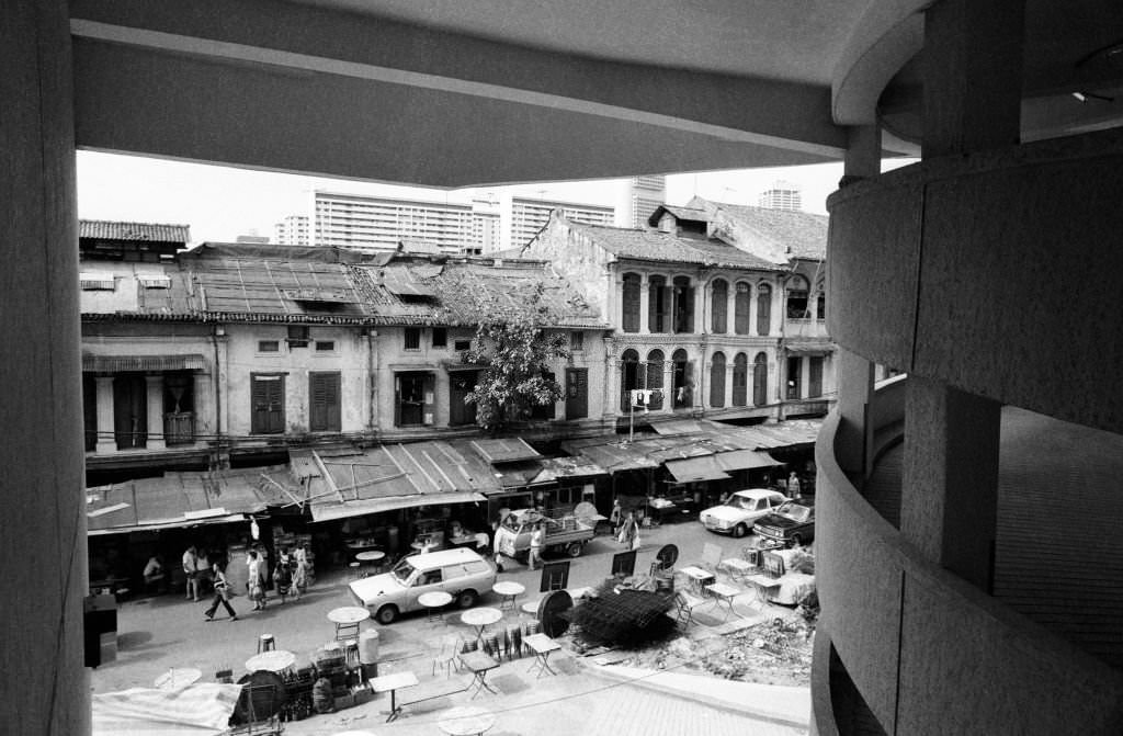 Bustling Smith St seen from the newly built car park of the Kreta Ayer Complex, Chinatown, Singapore, 1983