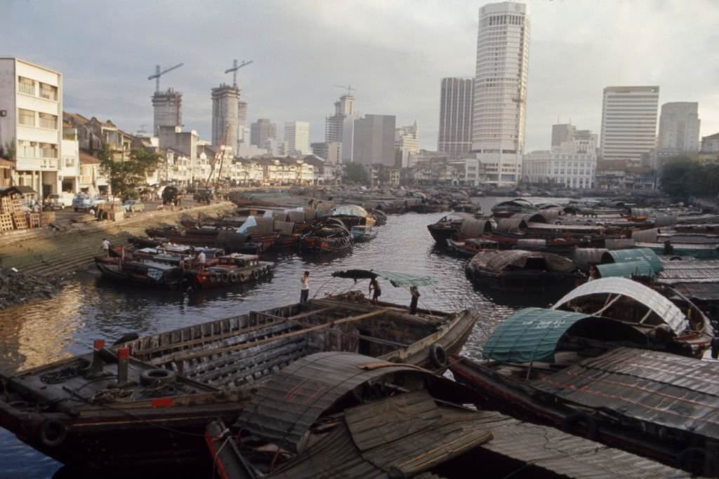 Floating district in Singapore, March 1981.