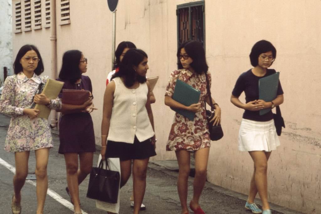 Group of female students on the street in Singapore, March 1981.