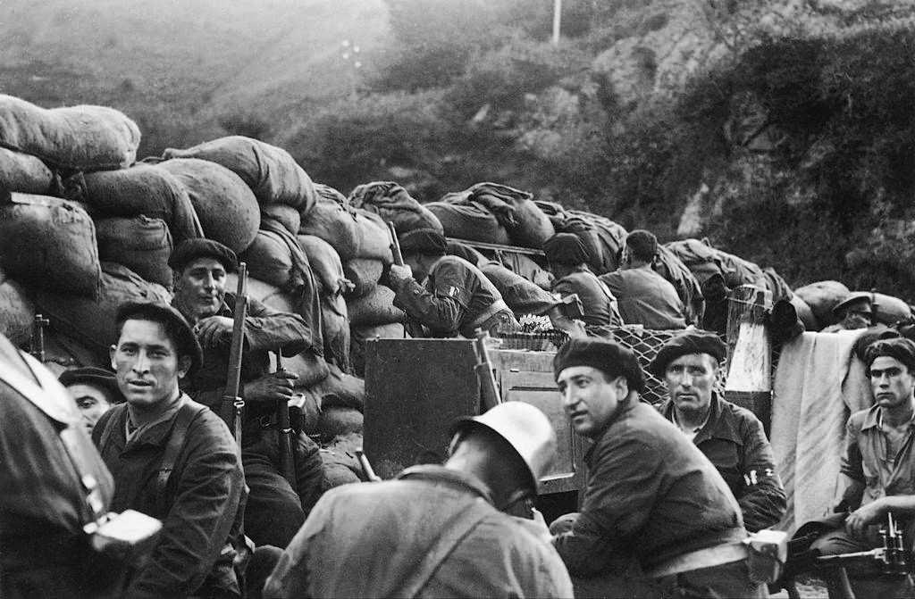 Spanish Militiamen awaiting the Enemy on the Slopes of Irun, In Basque Country, On September 4, 1936.