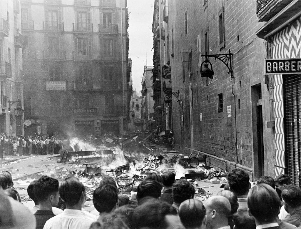 Spanish Civil War Goods of plundered churches are being burnt on the streets (by Republicans) after the end of the street fightings - around July 20, 1936