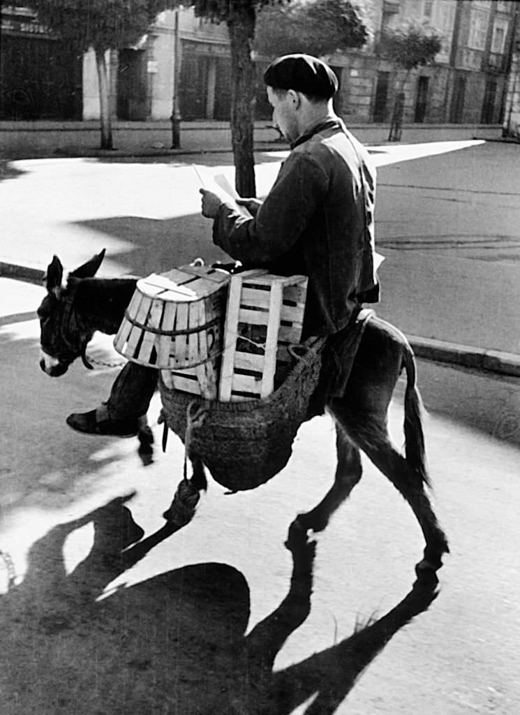 Man rides on a donkey while reading a book. Photo by Erich Andres, taken in times of the Spanish Civil War, 1939