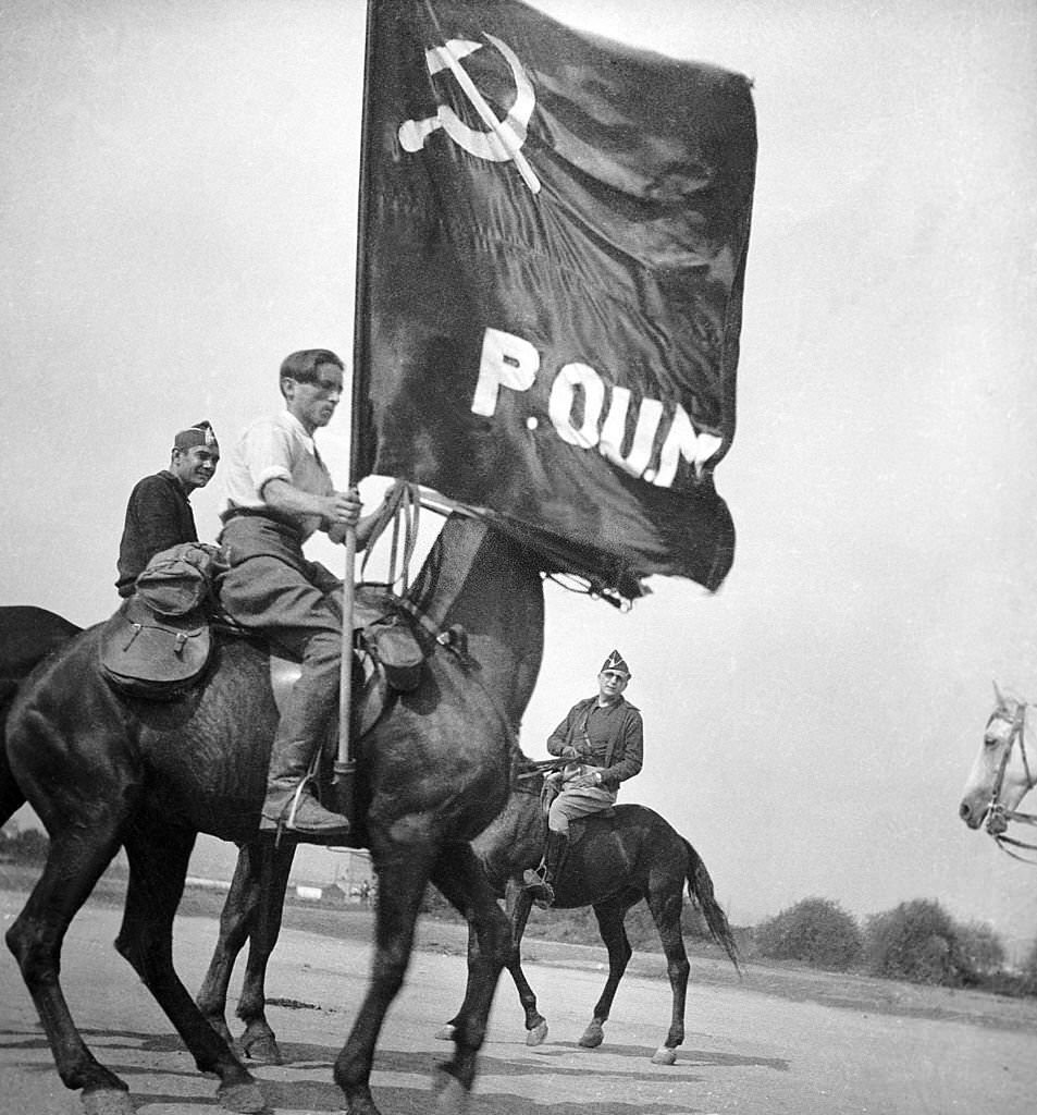 Republican militiamen on horseback (from the Marxist Worker's party, a Trotskyist faction) operating on the Catalan front in 1936.