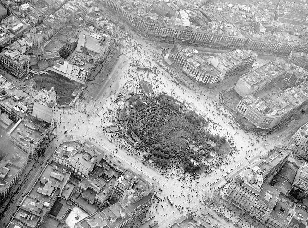 Spanish Civil War Bird's eye view of the victory celebration on the Plaza de Cataluna in Barcelona after the collapse of the Republican defense in Catalonia and the capture of the city by the Nationalists