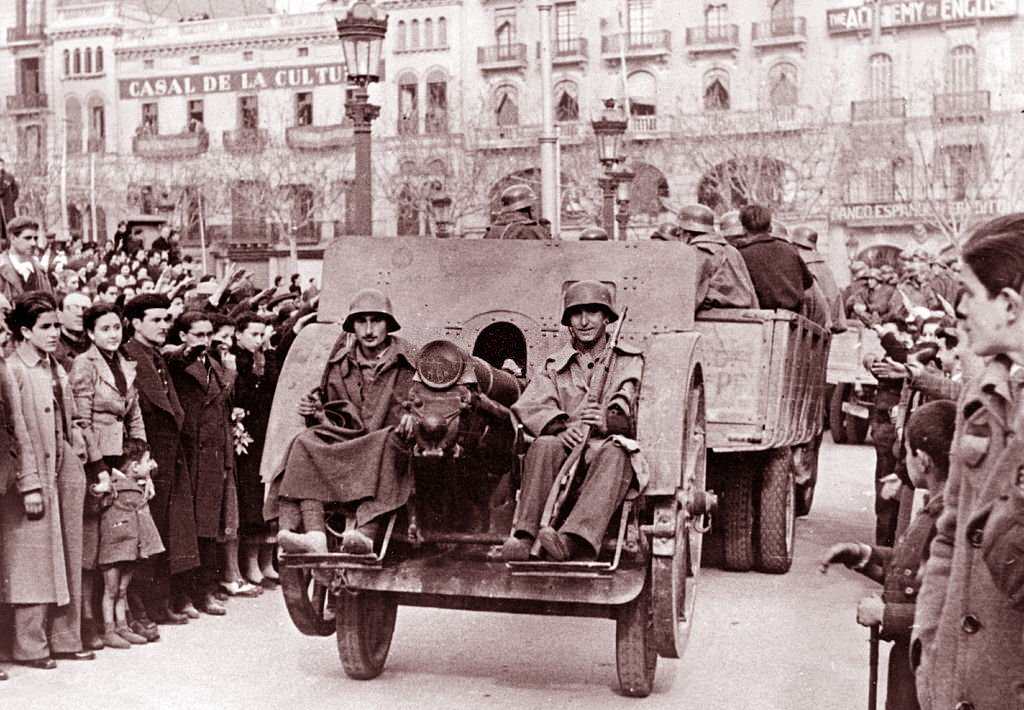 Nationalist troops enter Barcelona during the Spanish Civil War, 1939.