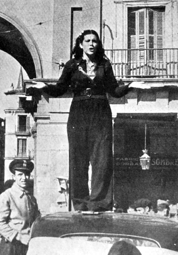 Spanish Civil War Republican militia female guard addressing a crowd in Madrid 1936.
