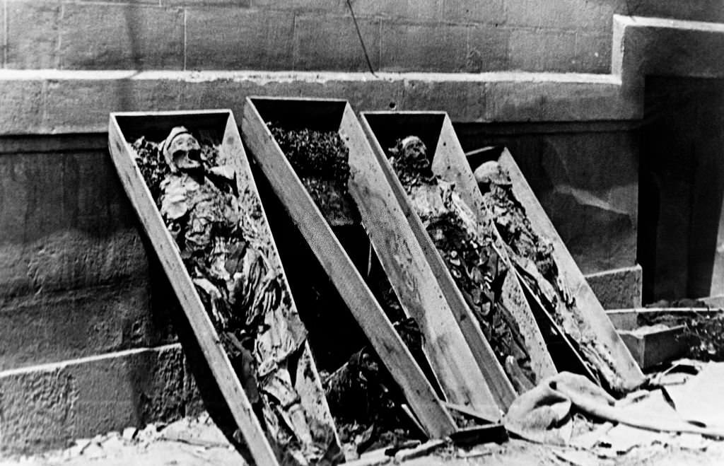 The bodies of religious are displayed in a street of Barcelona by Republicans during the Spanish civil war to show their anticlericalism and protest against the Catholic support to Franco.