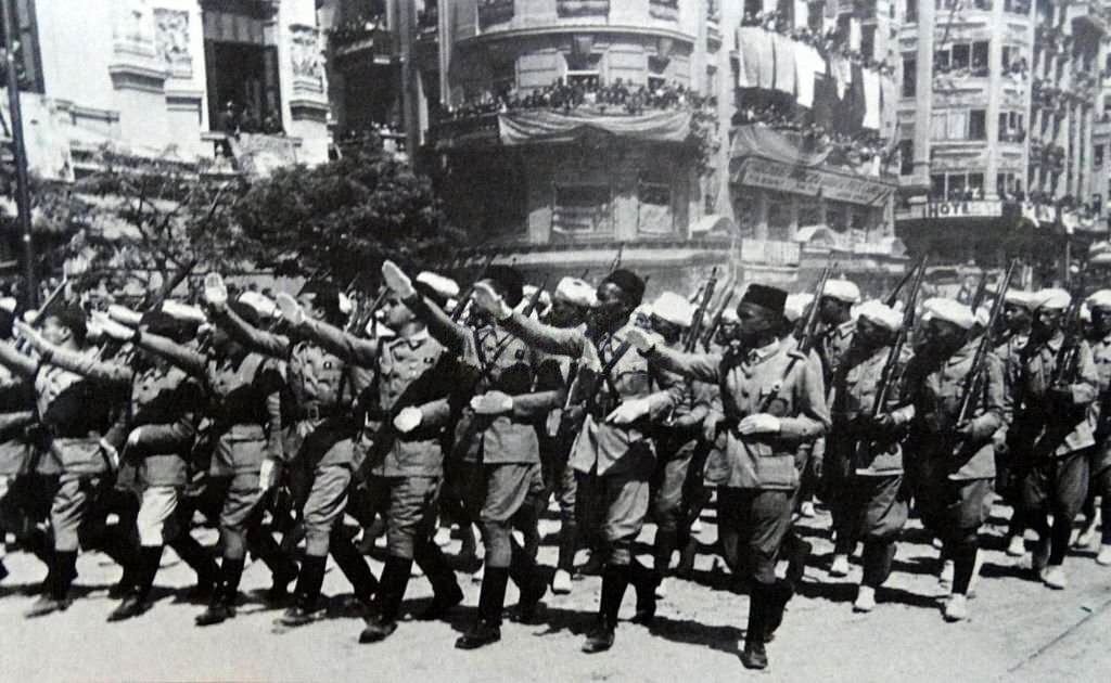 Troops from Spanish Morocco march into Madrid 1939, during the Spanish Civil War.