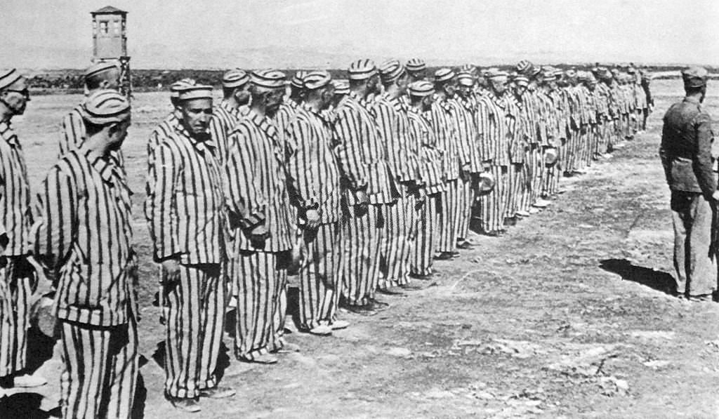 Prisoners in uniform, inside a Civil prison camp, in Republican Spain during the Spanish Civil War.
