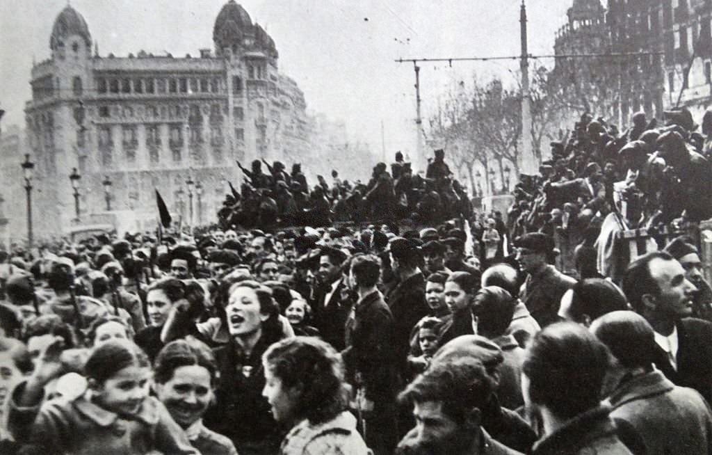 Military parade in Barcelona, after nationalist forces enter the city, 1939 during the Spanish Civil War.