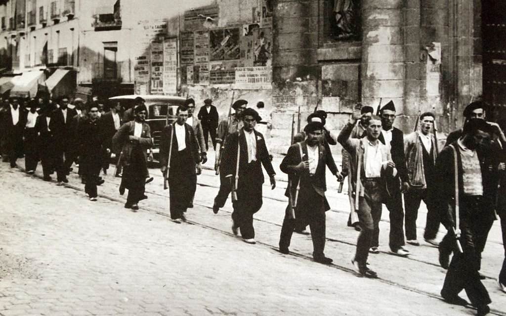 Armed peasants in the Republican army march to Valladolid, during the Spanish Civil War 1936.