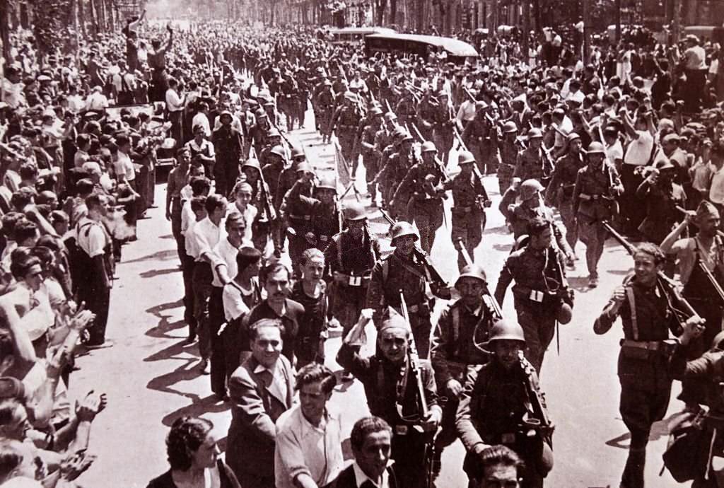 Anti-fascist troops parade through Barcelona, during the Spanish civil war 1936.