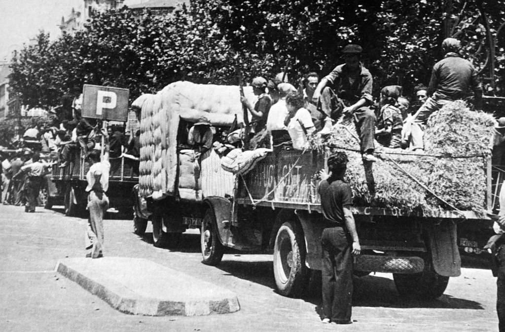 Civil volunteers take up positions in central Barcelona in the summer of 1936 to defend the republic during the Spanish civil war.