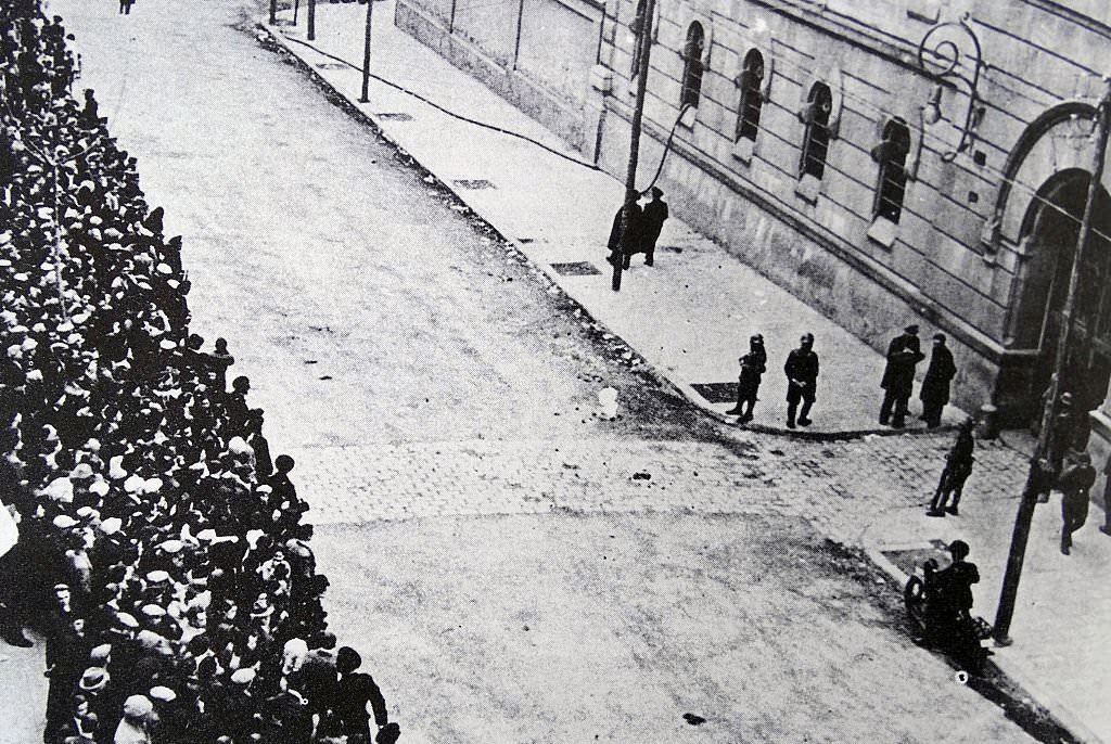 Crowds outside Barcelona prison await the release in February 1936, of left wing political prisoners including Catalan nationalists.