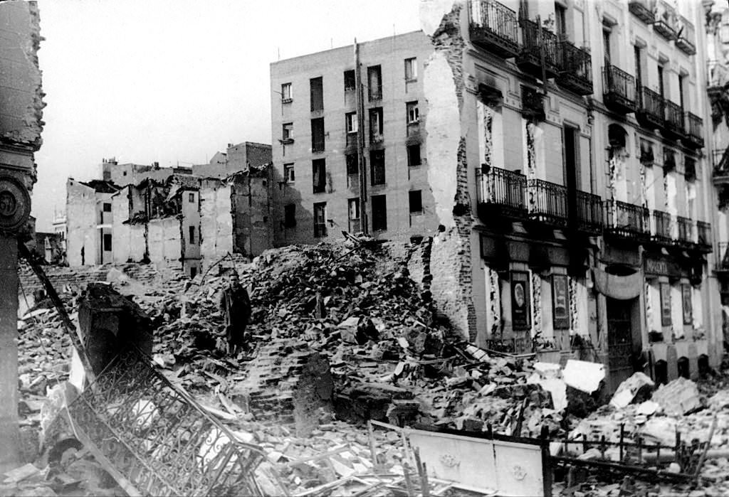 Street of Madrid in Ruins during the Spanish Civil War Around, 1936