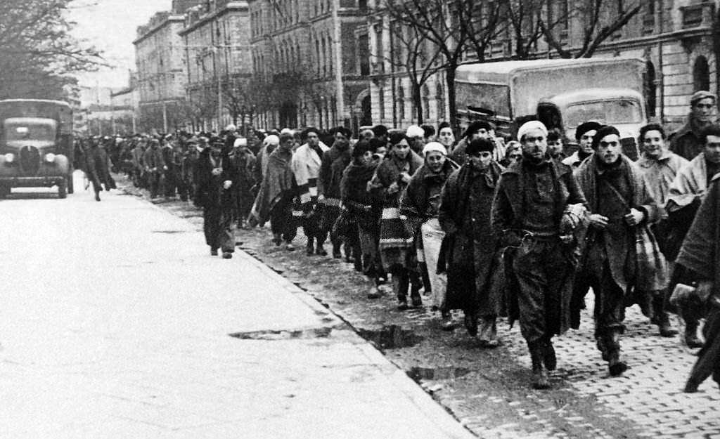 Republican prisoners of war marched through a Madrid Street 1939, during the Spanish Civil War.