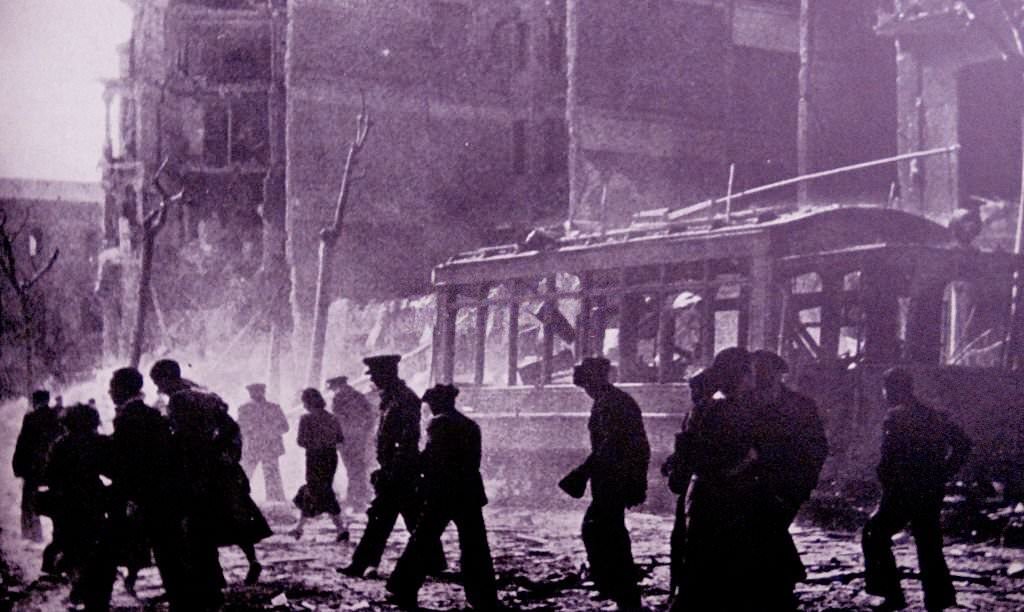 Damage caused by a nationalist air raid on a Spanish city, during the Spanish Civil War.