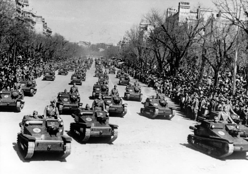 The Nazi propaganda picture shows the march of Spanish troops in front of Spanish dictator Franco in Madrid, Spain, 01 April 1943.