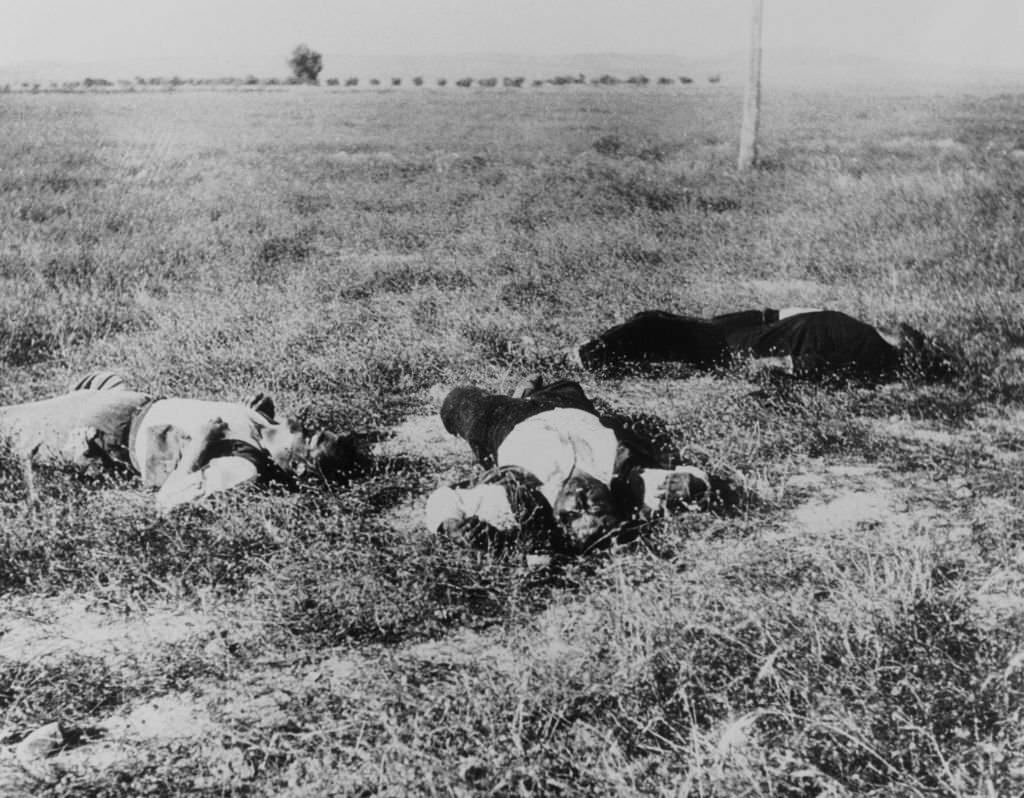 Government militiamen killed in the fighting at Badajoz, Spain, during the Spanish Civil War, 24th August, 1936