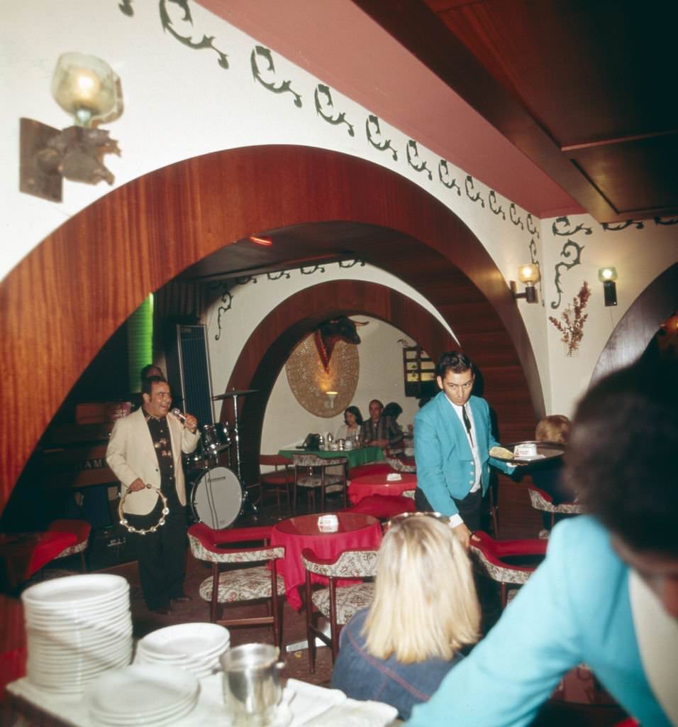 Evening entertainment in a bar on the island of Tenerife, Canary Islands 1975.