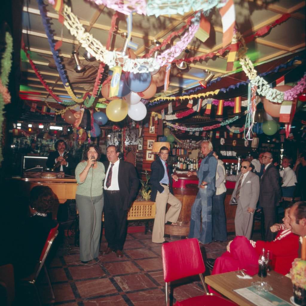 Evening entertainment in a bar on the island of Tenerife, Canary Islands 1975.