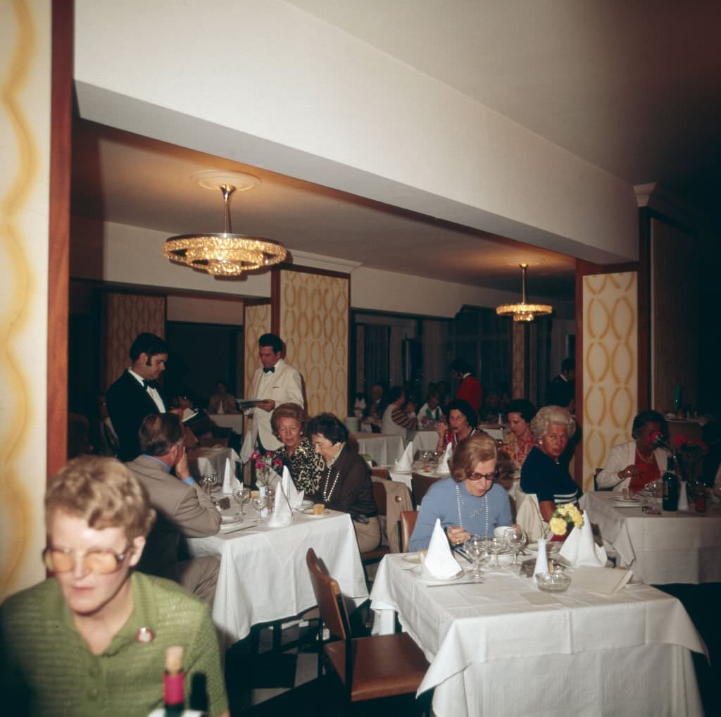 Dinner in a restaurant on the island of Tenerife, Canary Islands 1975.